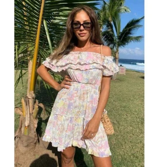 White Floral Print Off Shoulder Short Sleeve Ruffle Tiered Mini Dress - Picture 5 of 14